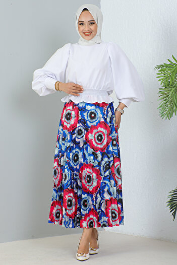 benguen 4558 Patterned Hijab Skirt Saks Blue