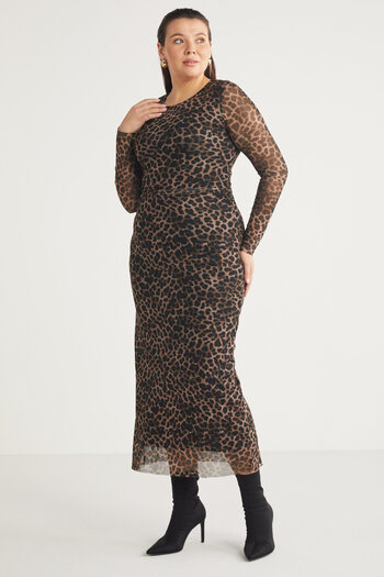 ETHIQUET Nagatabb Women's Body Fully Hugging Lined Mesh Crew Neck Leopard Print Large Size Dress
