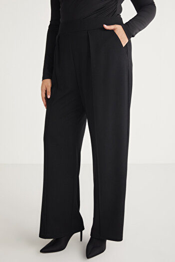 ETHIQUET Hannelebb Women's Knitted Striped Ribbed and Pleat Detailed Black Plus Size Trousers with Elastic Waist