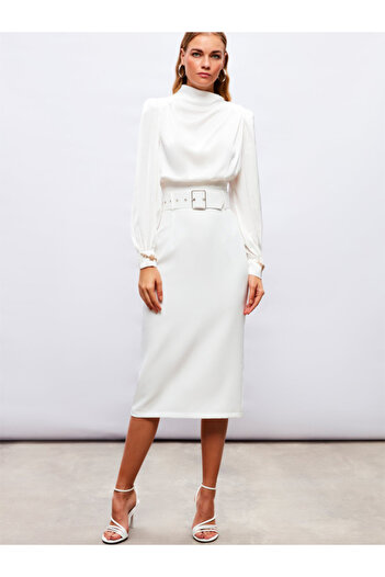 msendam Women's Belted Midi Pencil Skirt-white
