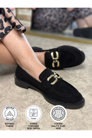 İmerShoes Daily Women's Black Suede Loafer Classic Low Heel Gold Chain Oval Toe Moccasin Shoes 100