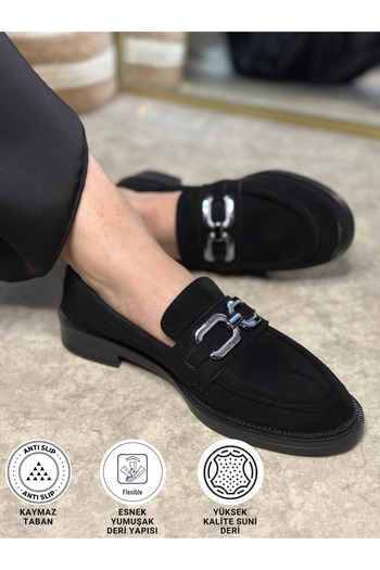 İmerShoes Daily Women's Black Suede Platinum Loafer Classic Low Heel Chain Oval Toe Moccasin Shoes 100