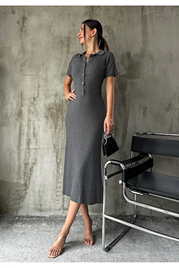 LE CARAMBOLE Women's Anthracite Corded Long Summer Polo Collar Knitwear Dress
