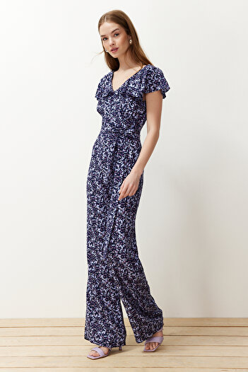 Trendyol Collection Purple Floral Patterned Flywheel Detailed Viscose Maxi Woven Jumpsuit TWOSS24TU00037