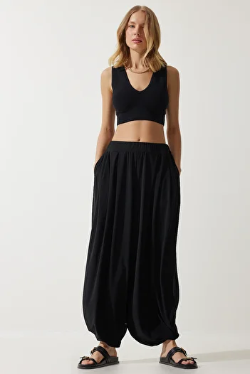 Happiness İstanbul Women's Black Pleated Comfortable Modal Shalwar Trousers DD01313