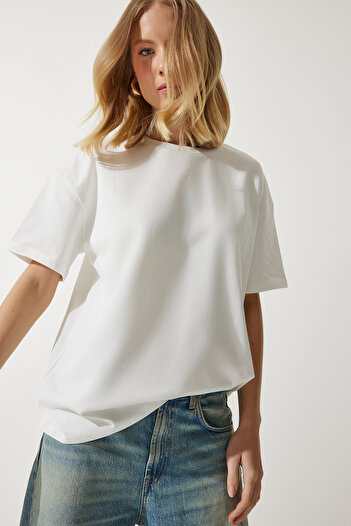 Happiness İstanbul Γυναικείο T-Shirt Λευκό Loose Basic βαμβακερό BP00151