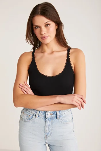 ETHIQUET Barry Women's Regular Fit Κανονική εφαρμογή Βαμβακερή δαντέλα Λεπτομερής λεπτός ιμάντας με κούφιο λαιμό μαύρο εσώρουχο