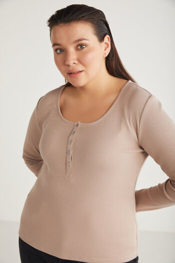 ETHIQUET Zazanabb Women's Ribbed Look Body Hugging Deep Round Neck Buttoned Pink Plus Size Blouse