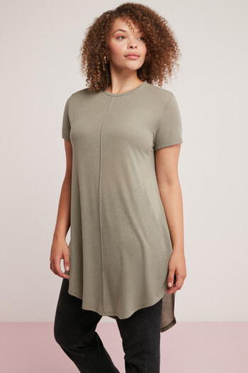 ETHIQUET Rachelle Women's Asymmetric Cut Viscose Blend Flowy Round Neck Khaki Plus Size T-Shirt