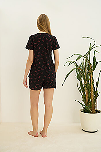 Siyah İnci Black ribbon patterned Cotton Shorts-Pajamas Set