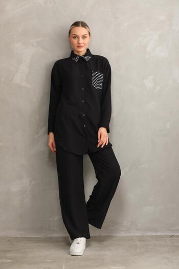 WestBound Women's Jewelled Hijab Double Summer Tunic Trousers Bottom and Top Set - Black