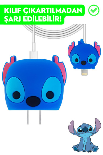 EWEC Stitch Figürlü Şarj Başlığı Ve Kablo Koruyucu Seti, Iphone 18W-20W Şarj Adaptörü Uyumlu Set