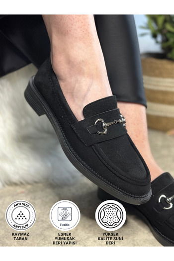 İmerShoes Daily Women's Black Suede Platinum Loafer Classic Patterned Sole Buckle Oval Toe Moccasin Shoes 120