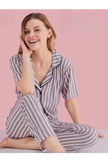 BEYAZTOPTAN Women's Gray White Spiked Front Buttoned Shirt Collar Short Sleeve Cotton Pajamas Set