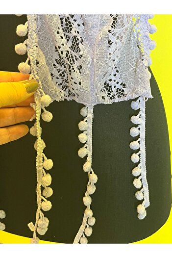 Gönülden Tasarım 116X20 CM SOFT GÜPUR POMPON TASSELED SCARF NECK TIE Wrap Ecru