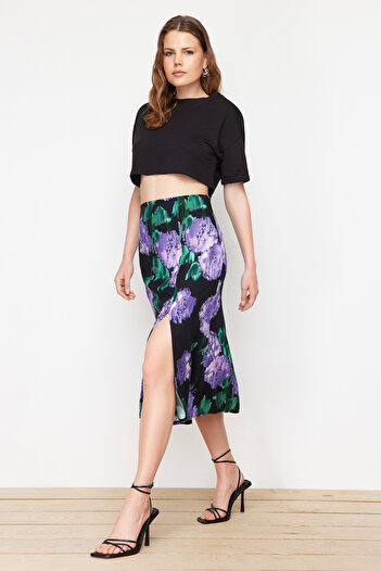 Trendyol Collection Lila hasított részletes viszkóz szövet mintás midi szőtt szoknya TWOAW22ET0447