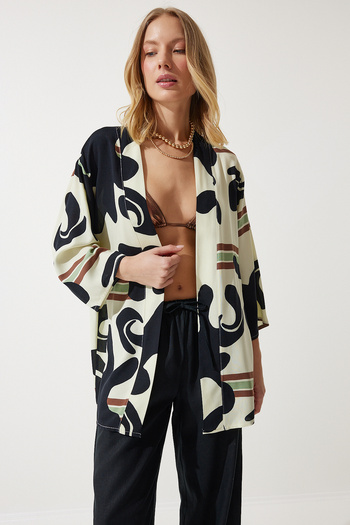Happiness İstanbul Dámské černé kostěné vzorované viskózové kimono EN00615