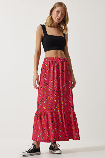 Happiness İstanbul Women's Pink Floral Flounce Viscose Skirt DD01312