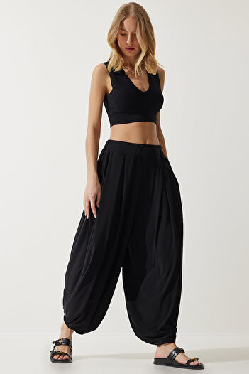 Happiness İstanbul Women's Black Pleated Comfortable Modal Shalwar Trousers DD01313