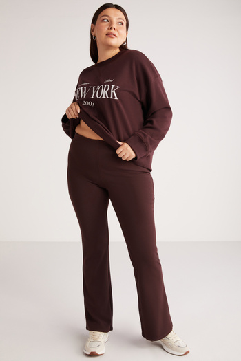 ETHIQUET Aisha Women's Large Size Body Hugging Elastic Waist Crepe Interlock Flare Claret Red Large Size Trousers