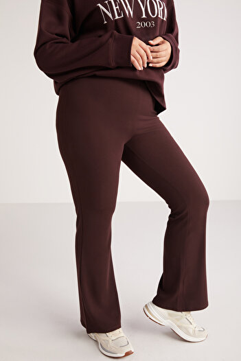 ETHIQUET Aisha Women's Large Size Body Hugging Elastic Waist Crepe Interlock Flare Claret Red Large Size Trousers