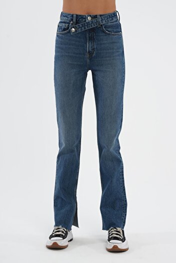 CROSS JEANS Medium Blue Slim Straight Leg Slit Cross Belted Jean Trousers C 4556-007