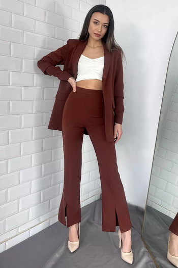 GÜLSELİ Brown Women's Slit Leg Style Trousers