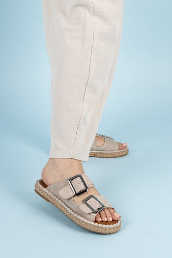 Getcho Bunta Women's Suede Double Buckle Beige Slippers