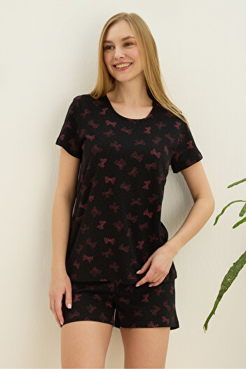 Siyah İnci Black ribbon patterned Cotton Shorts-Pajamas Set