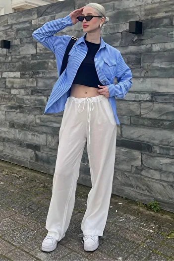 Madmext White Crinkle Fabric Basic Women's Beach Trousers