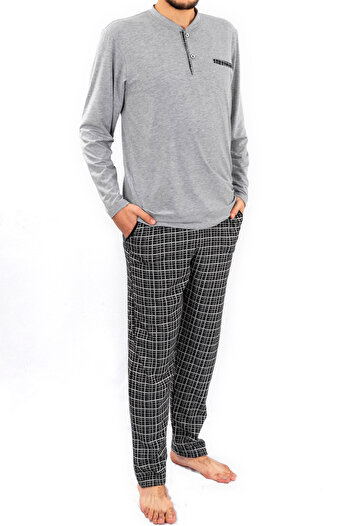 BSM Men's Gray Plaid High Quality Cotton Comfortable Pajama Set