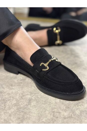 İmerShoes Daily Women's Black Suede Gold Loafer Classic Patterned Sole Buckle Oval Toe Moccasin Shoes 120