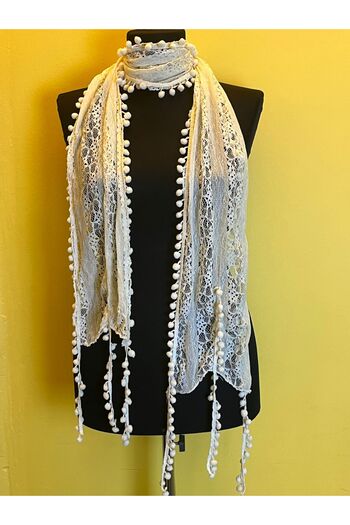 Gönülden Tasarım 116X20 CM SOFT GÜPUR POMPON TASSELED SCARF NECK TIE Wrap Ecru