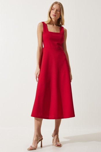 Happiness İstanbul Women's Red Square Collar A-line Dress DK00169