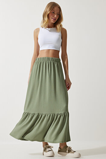 Happiness İstanbul Women's Green Flounce Summer Midi Skirt DD01231