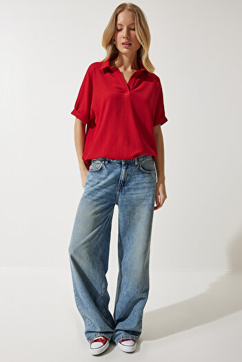 Happiness İstanbul Women's Red Polo Neck Knitted Crinkle Blouse DD01299