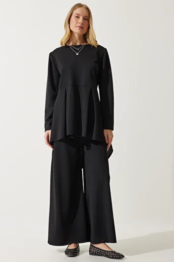 Happiness İstanbul Dámská černá splývavá tunika Palazzo Knitted Suit DD01318