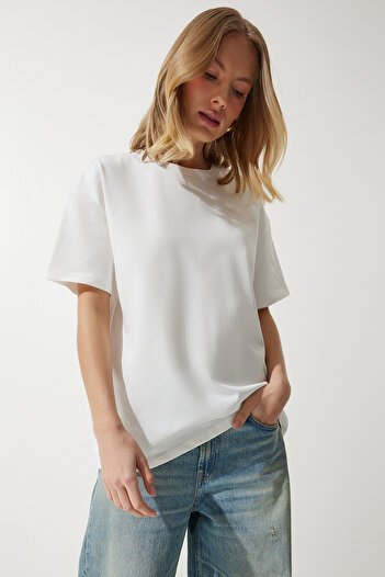 Happiness İstanbul Γυναικείο T-Shirt Λευκό Loose Basic βαμβακερό BP00151