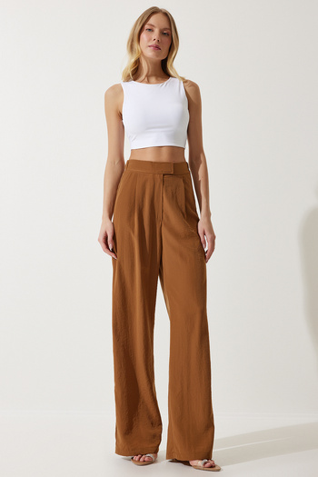 Happiness İstanbul Women's Tan Velcro Waist Closure Palazzo Trousers rv00184