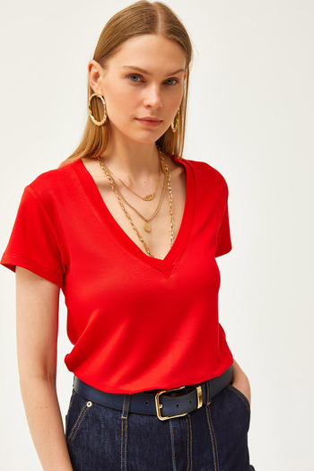 Olalook Women's Red Deep V-Neck Modal Button T-Shirt TSH-19000773