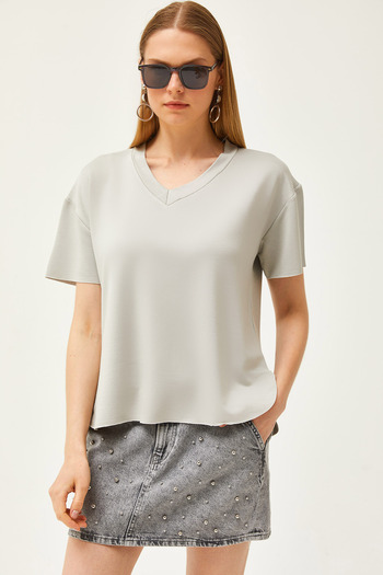 Olalook Women's Gray V-Neck Bottom Oval Modal Button T-Shirt TSH-19000804