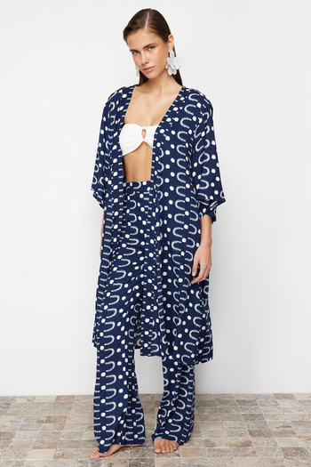 Trendyol Collection Geometric Patterned Belted Midi Woven Kimono&Kaftan TBESS24KM00054