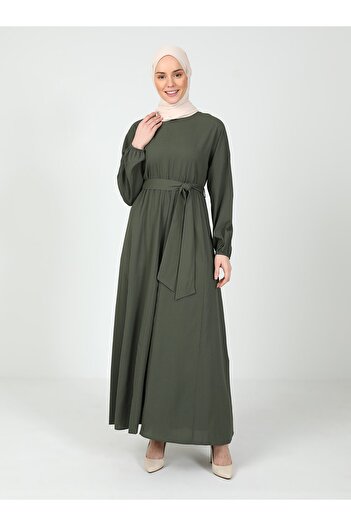 Tavin Hijab Dress with Tie Detail - Khaki - Tavin
