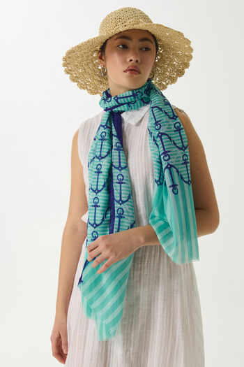 FENZA SCARF HOPE Πράσινο βαμβακερό σάλι - Μοτίβο άγκυρας, μέντα