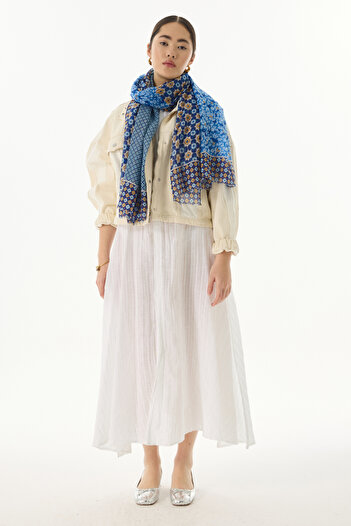 FENZA SCARF Şal din bumbac albastru cu model floral geometric violent