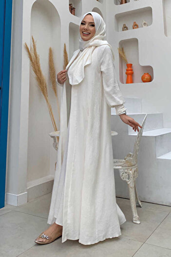 Bym Fashion Şallı Elbiseli Abaya Takım 3883 Ekru