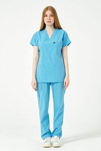 Pratik Medikal Scrub unisex Baby Blue Lycra - Manecă liliac și uniformă cu buzunar cargo