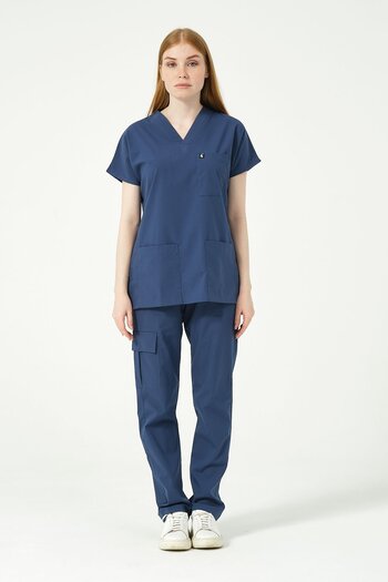 Pratik Medikal Scruburi unisex Storm Blue - Buzunar cargo din Lycra, Costum cu mâneci liliac, Uniformă Doctor Nurse