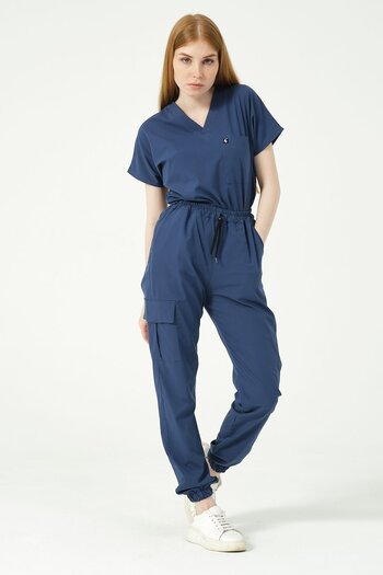 Pratik Medikal Scruburi unisex Storm Blue - Buzunar cargo, pantaloni de jogger, set cu mâneci liliac