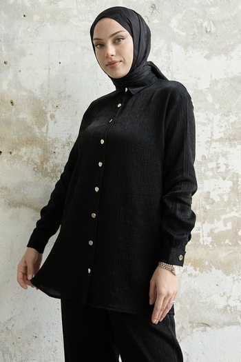InStyle Shirt Collar Glittered Double Set - Black